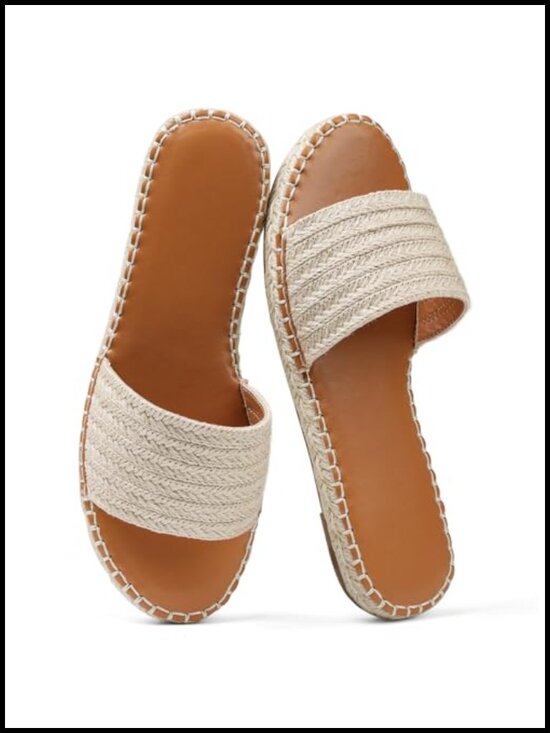 Shoes - Raffia Woven Flat Sandals Espadrille Slides Open Toe Slip On
